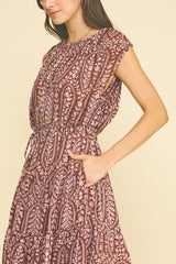 Bohemian Leaf Print Tiered Midi Dress Brown + Pink