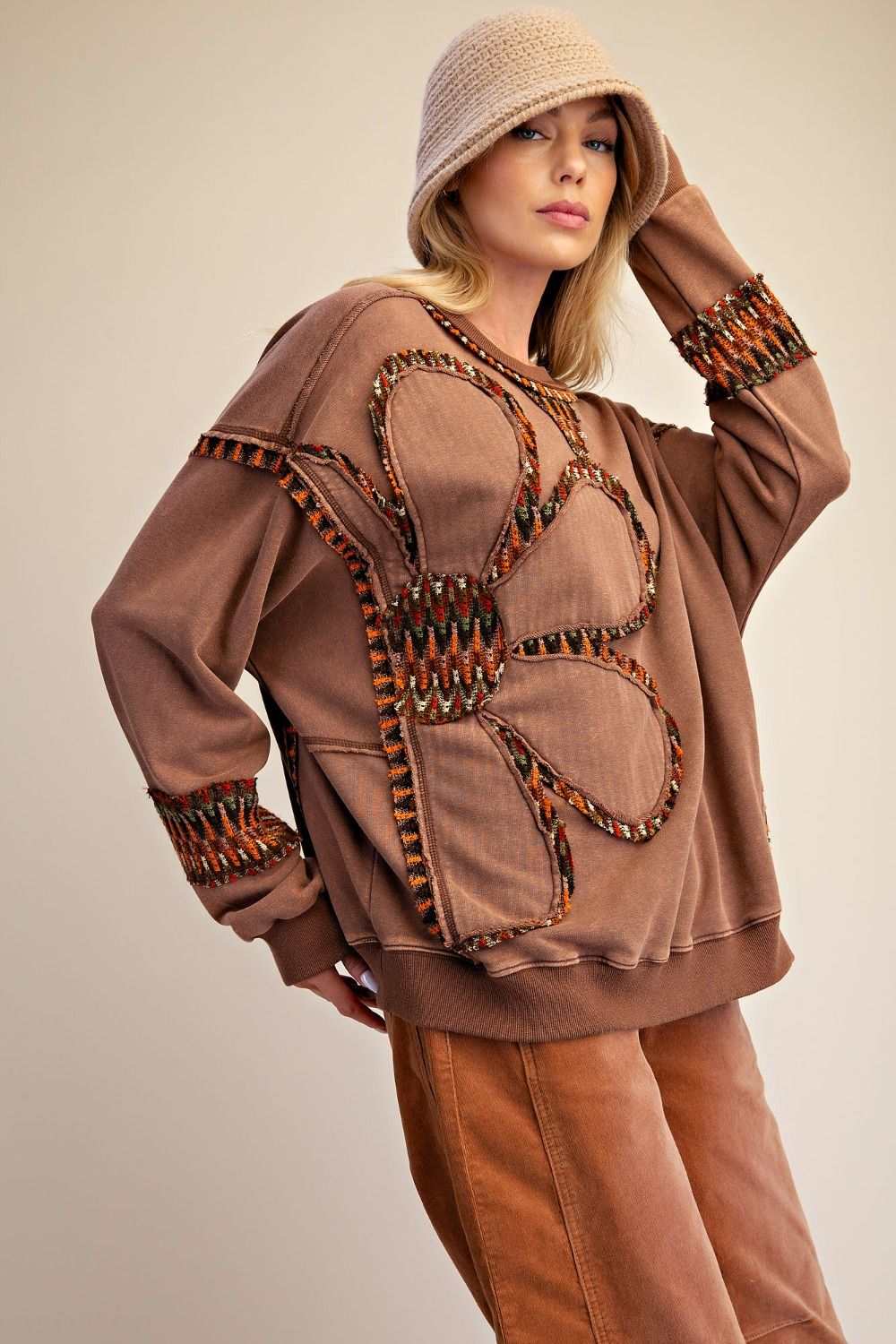 Floral Patch Front Washed Terry Pullover Mocha Brown