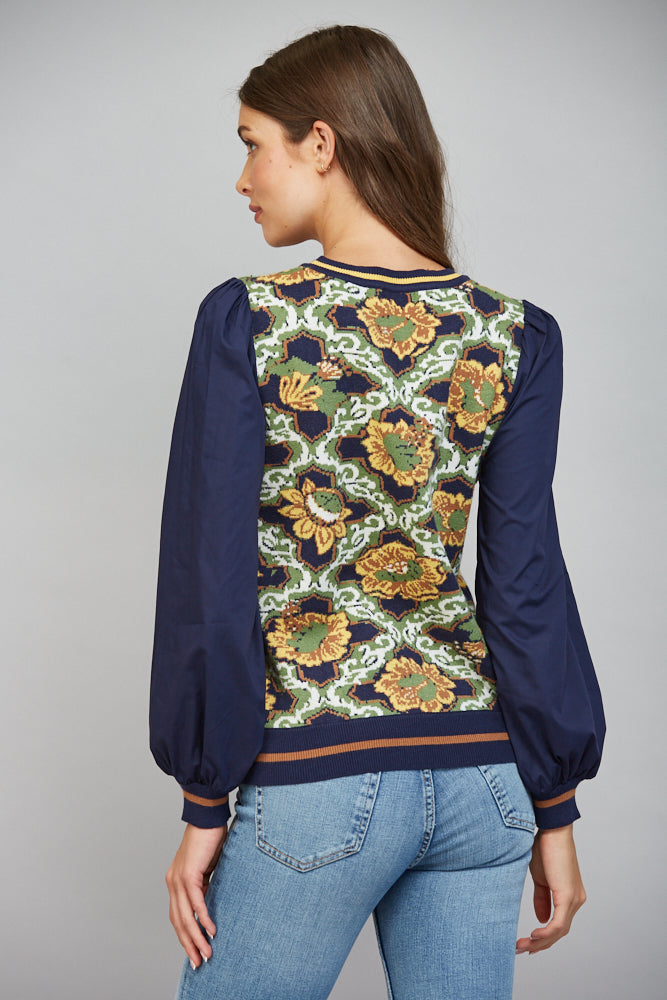 Contrast Printed Floral Pattern Crew Neck Sweater Navy Multi