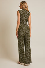 Sleeveless Wrap Tied Floral Jumpsuit Olive + White