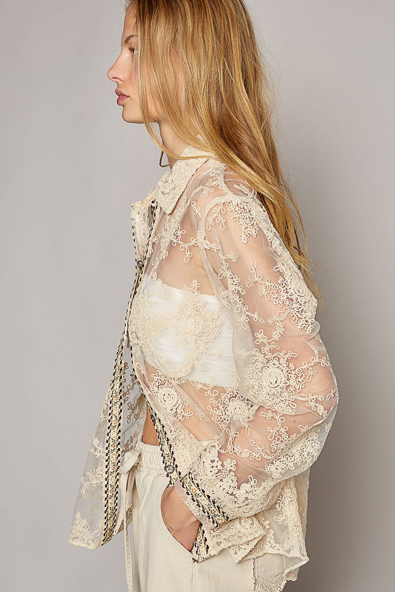 Floral Lace Trim Point Button Down Shirt Natural