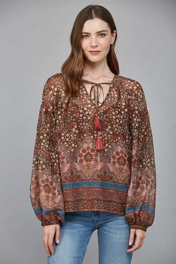 Border Print Neckline with Tassel Tie Peasant Blouse Brown Multi