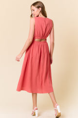 Cotton Gauze Sleeveless Cut Out Waist Midi Dress Coral