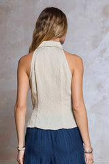 Halter Neck Ladder Lace Tied Collared Tank Natural