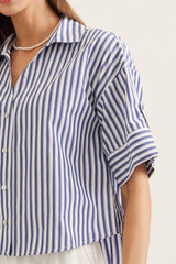 3/4 Sleeve Long Crop Button Up Navy