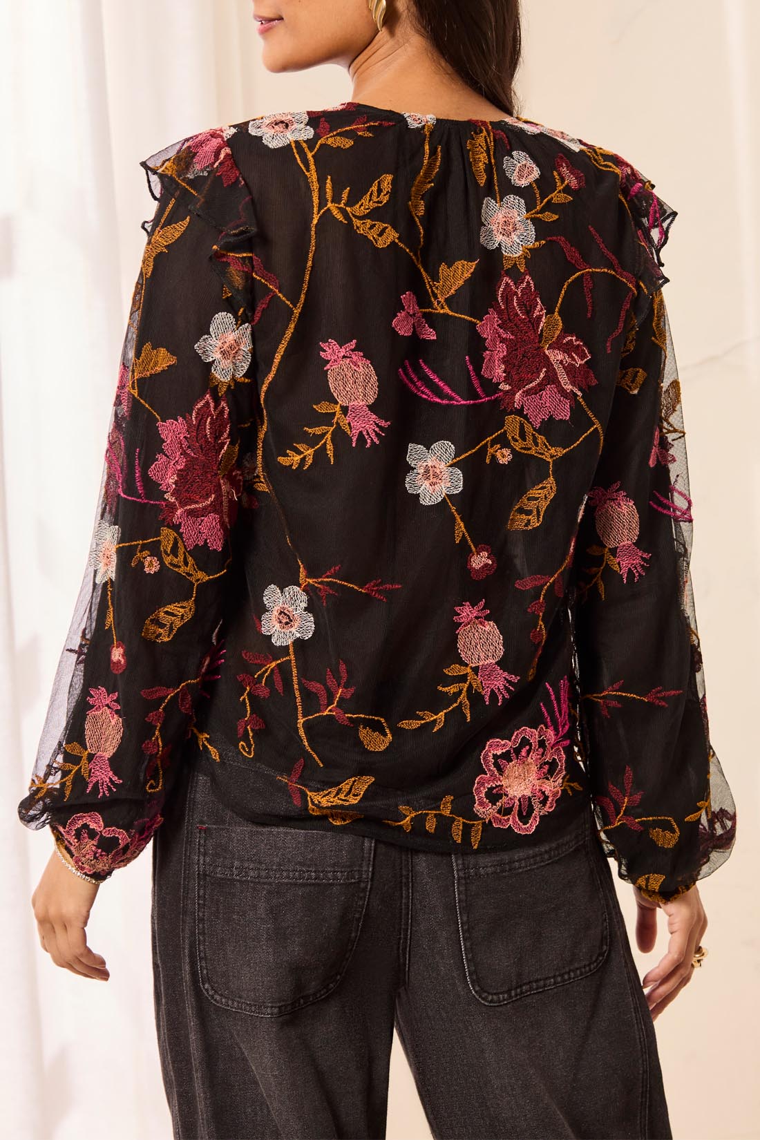 Lined Embroidered Floral Frill Blouse Black