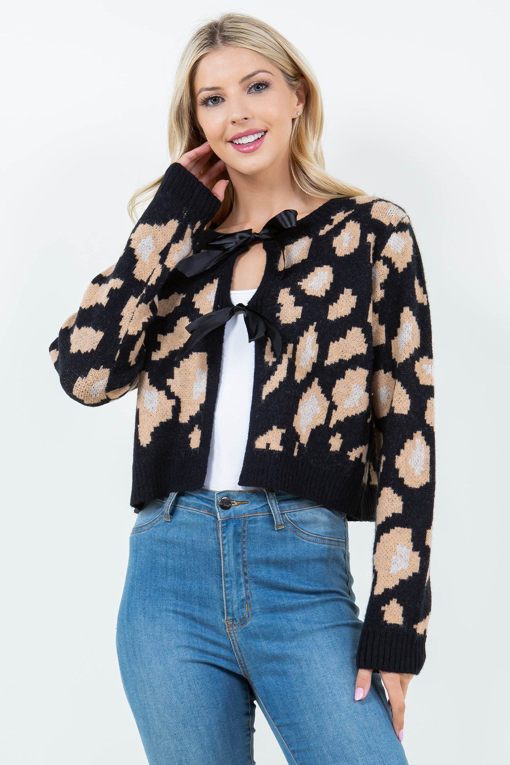 Bowtie Leopard Print Cardigan Black