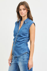 Sleeveless Vneck Shirred Button Up Shirt Medium