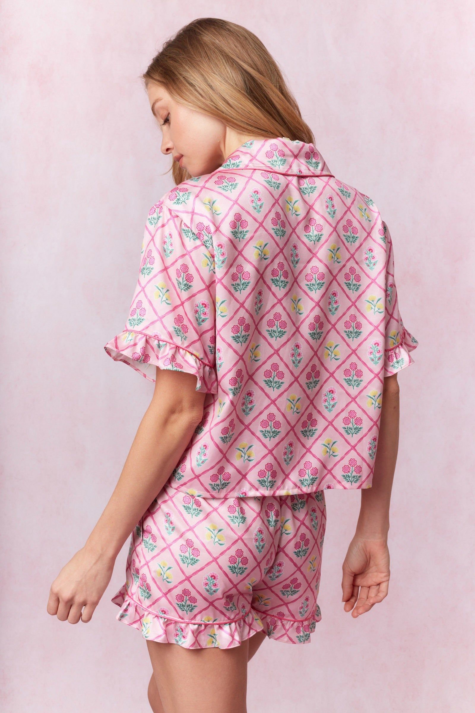 Flower Printed Satin PJ Set Pink