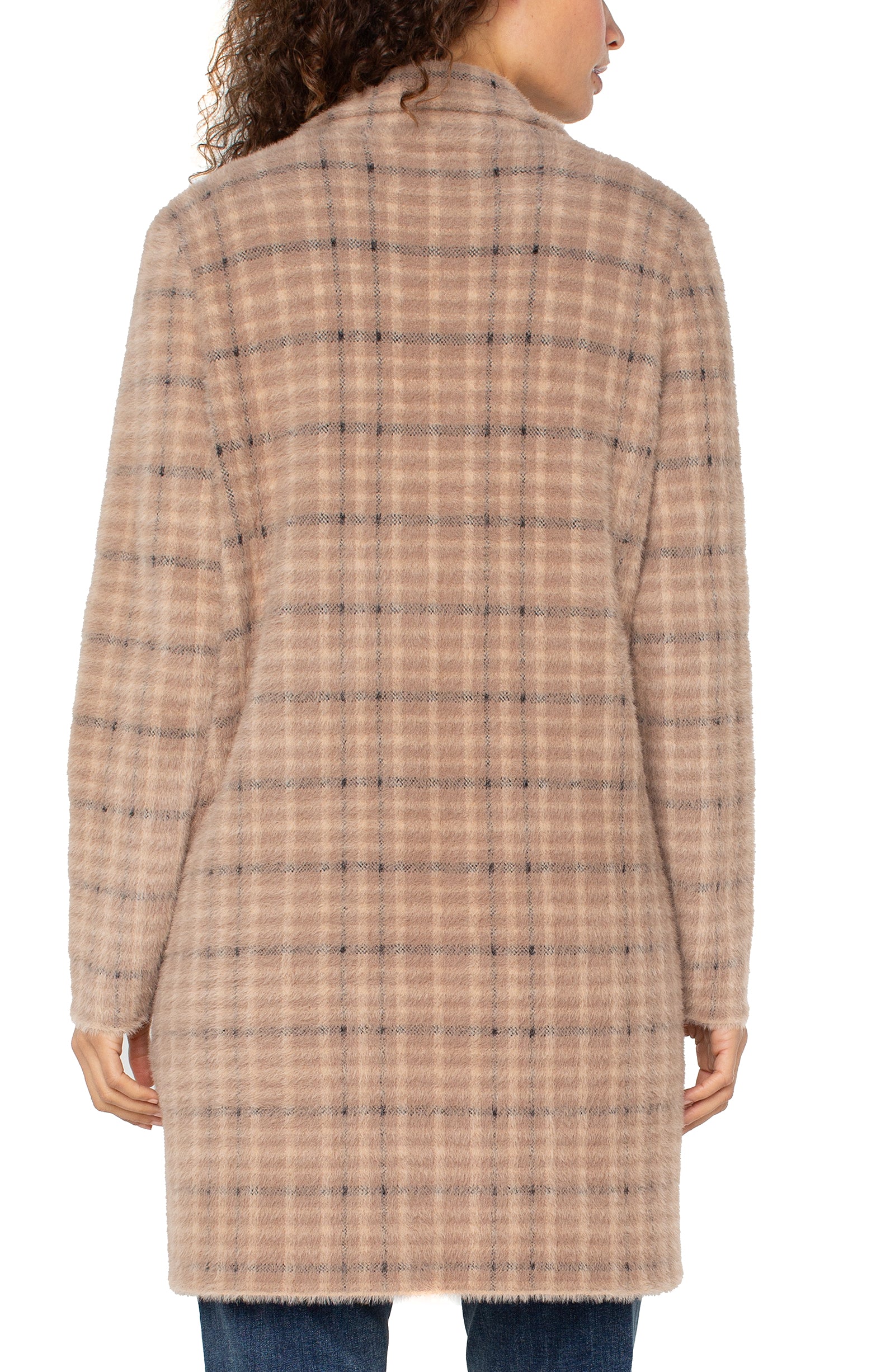 Long Sleeve Open Front Sweater Coat Camel Cream Plaid