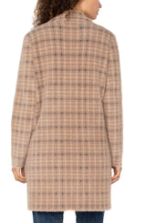 Long Sleeve Open Front Sweater Coat Camel Cream Plaid
