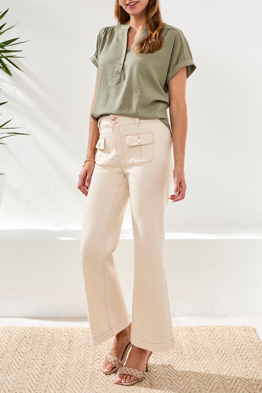 Brooke Creased Pockets Trouser Palazzo Jeans Ecru