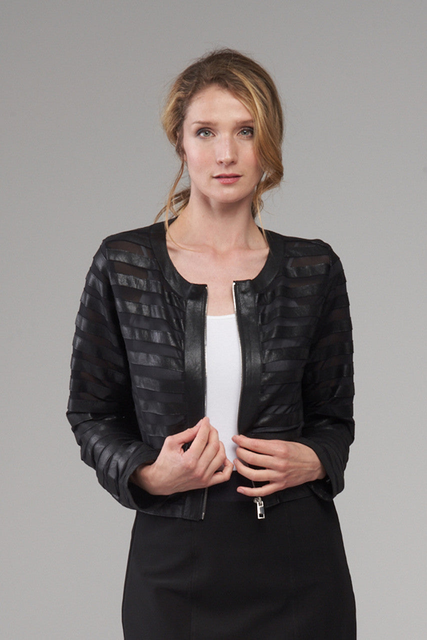 Mesh Leather Stripe Collarless Jacket Black