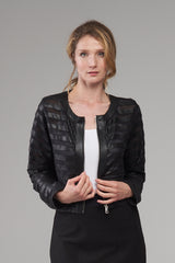 Mesh Leather Stripe Collarless Jacket Black