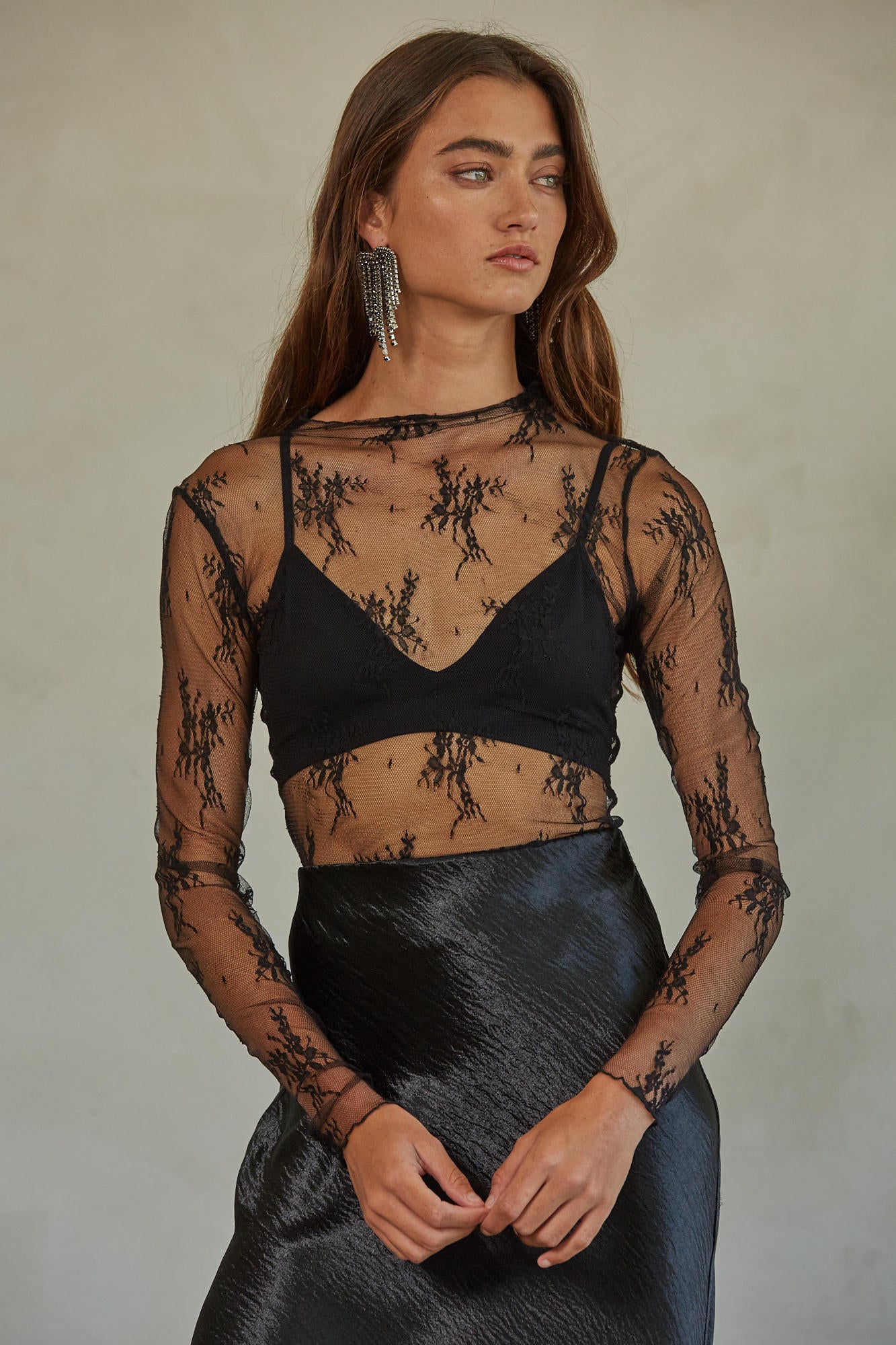 Aubrey Knit Jacquard Lace Mock Neck Top Black