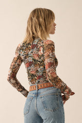 Floral Semi Sheer Mesh Long Sleeve Top Black