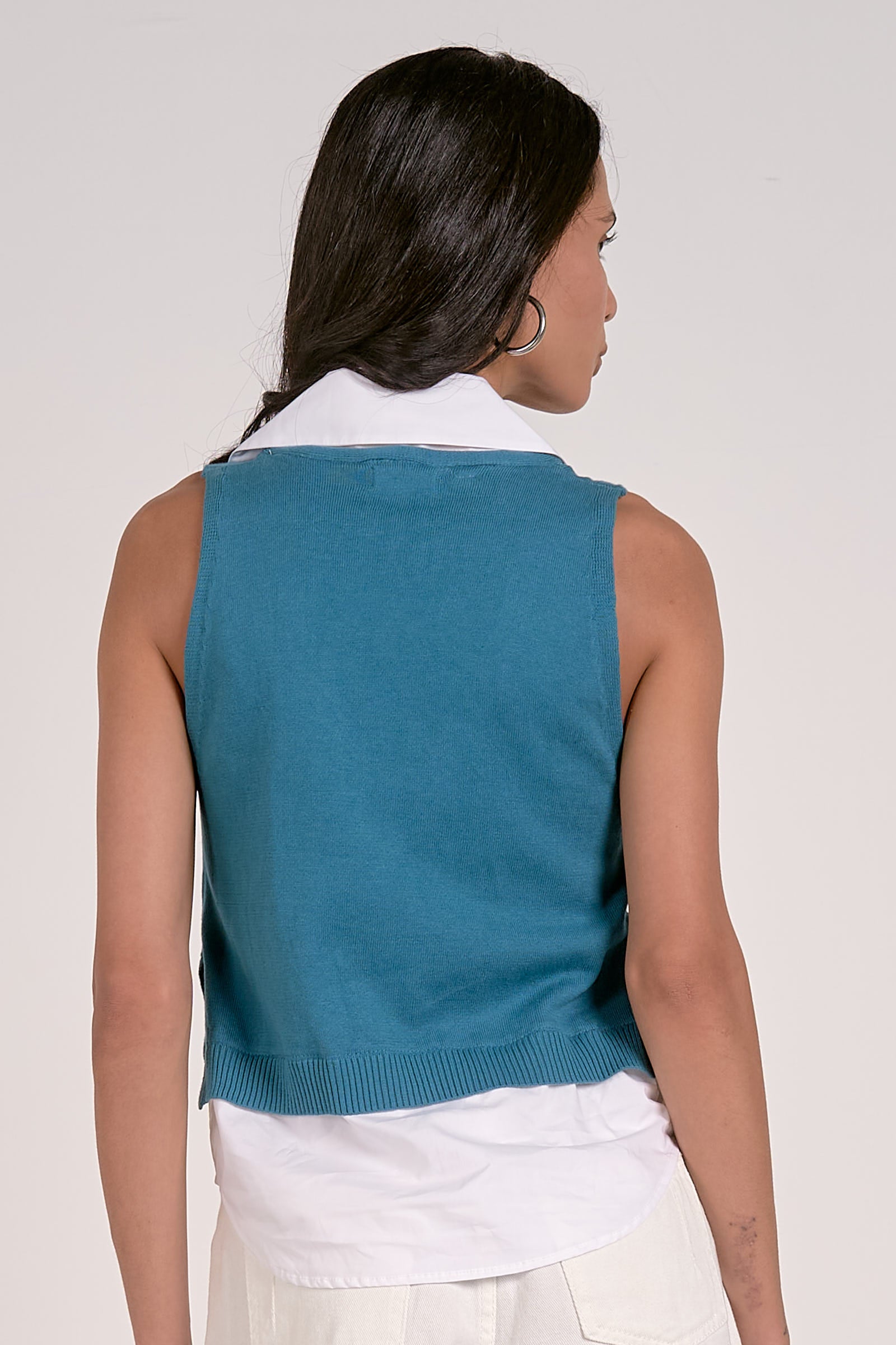 Layered Sleeveless Collared Sweater Top Dark Aqua