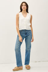 Crochet Knit Detail Button Up Sweater Tank Off White