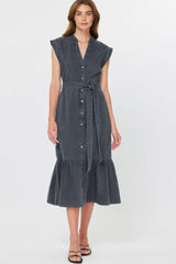 Cap Sleeve Tie Belt Ruffle Hem Midi Dress Washed Black