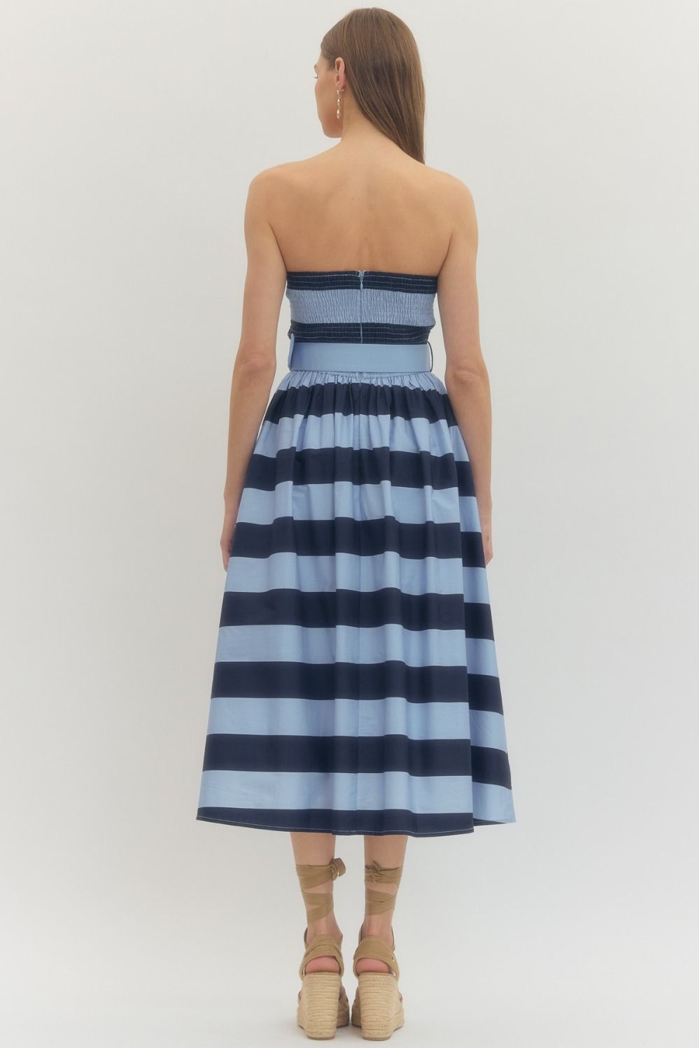 Strapless Belted Stripe Dress Navy