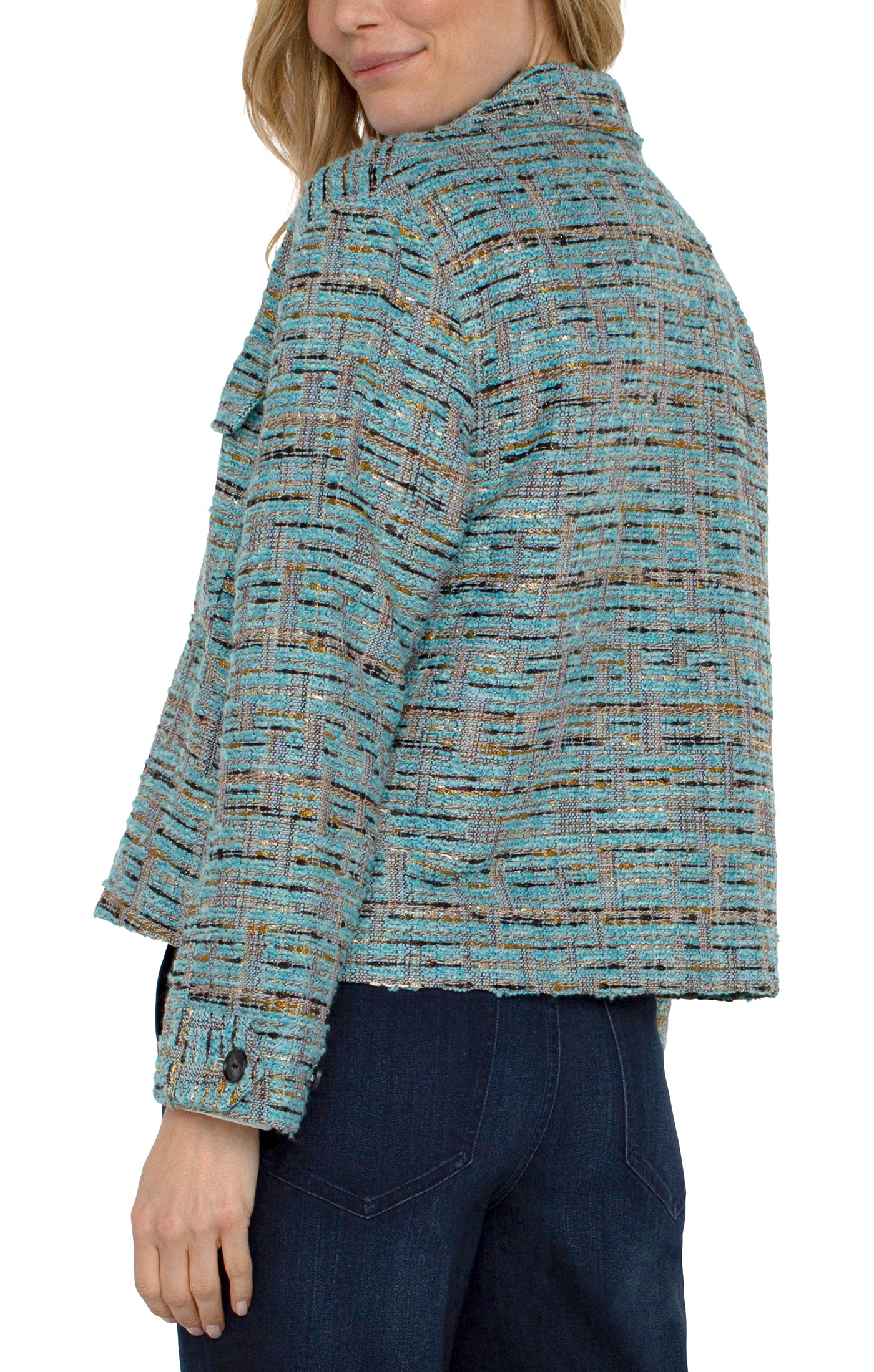 Button Front Boxy Shacket Ocean Boucle