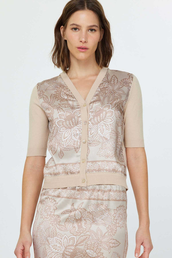 Mix Media Paisley Floral Printed Short Sleeve Cardigan Taupe