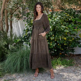 Embroidered Empire Mid Length Long Sleeve Dress Amber