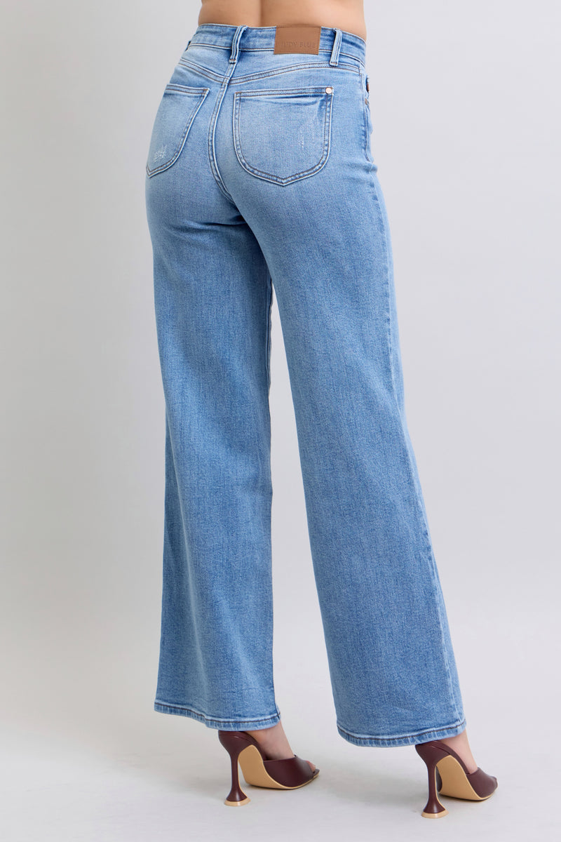 High Waisted Vintage Wash Retro Wide Leg Jeans Medium