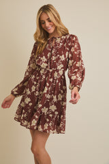 Front Tie Long Sleeve Flare Hem Floral Dress Rust + Cream