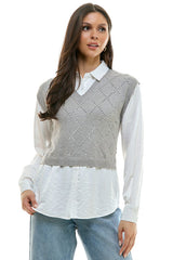 Crystal Diamond Pattern Twofer Collar Sweater Top Heather Grey