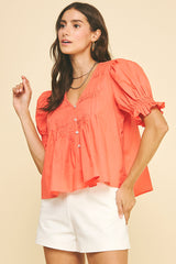 Tucked Detail Button Down Blouse Top Sun Orange