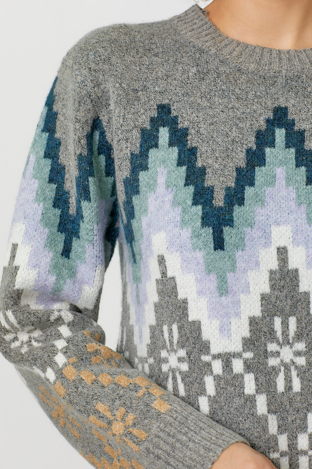 Fair Isle Printed Pullover Sweater Grey Mix