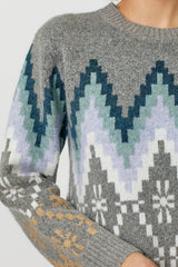Fair Isle Printed Pullover Sweater Grey Mix