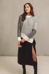 Contrast Mix Stripe Chunky Knit Asymmetric Sweater Black + White