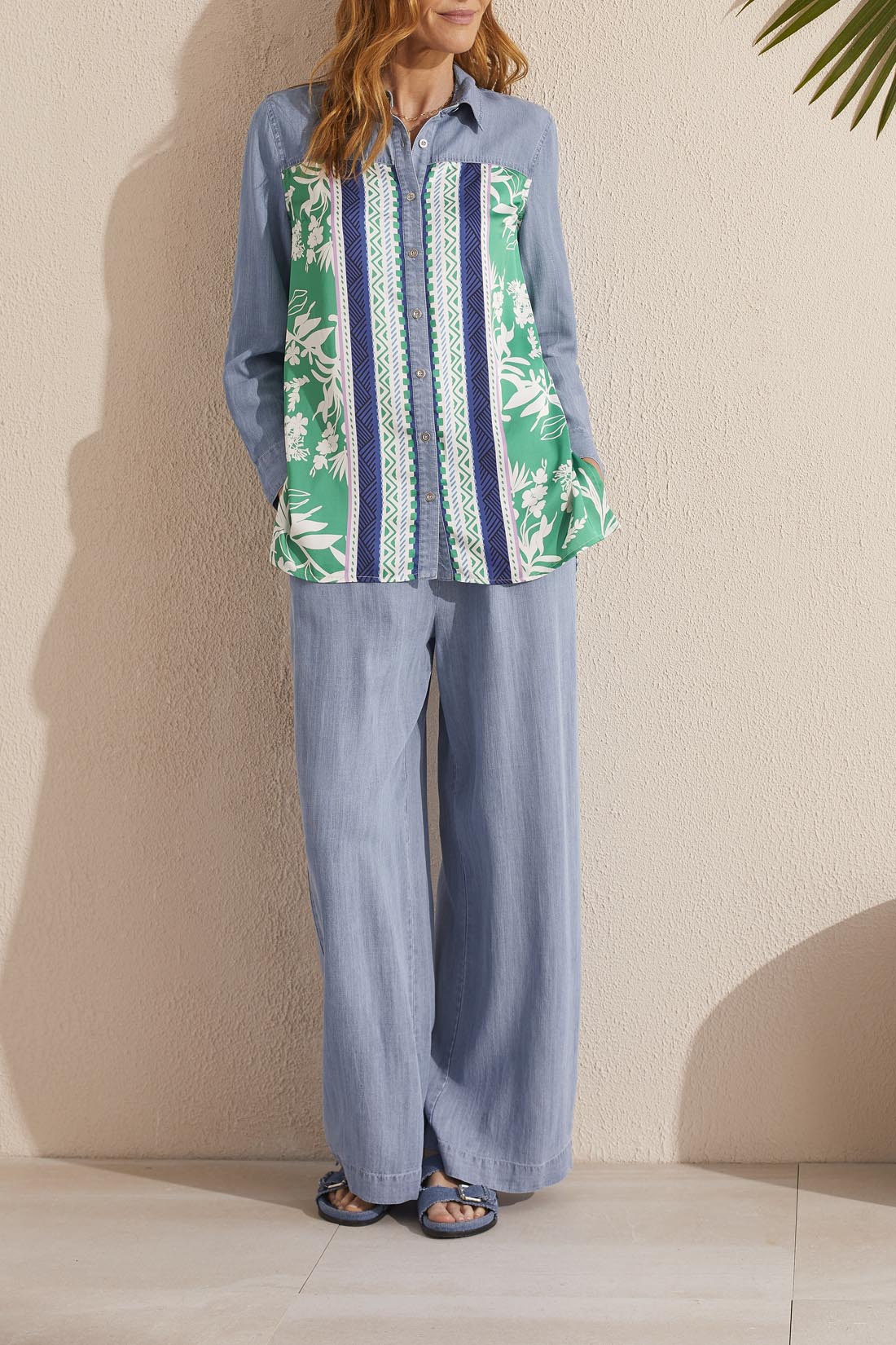 Mixed Media Border Print Denim Shirt Jade Mist