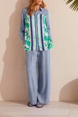 Mixed Media Border Print Denim Shirt Jade Mist