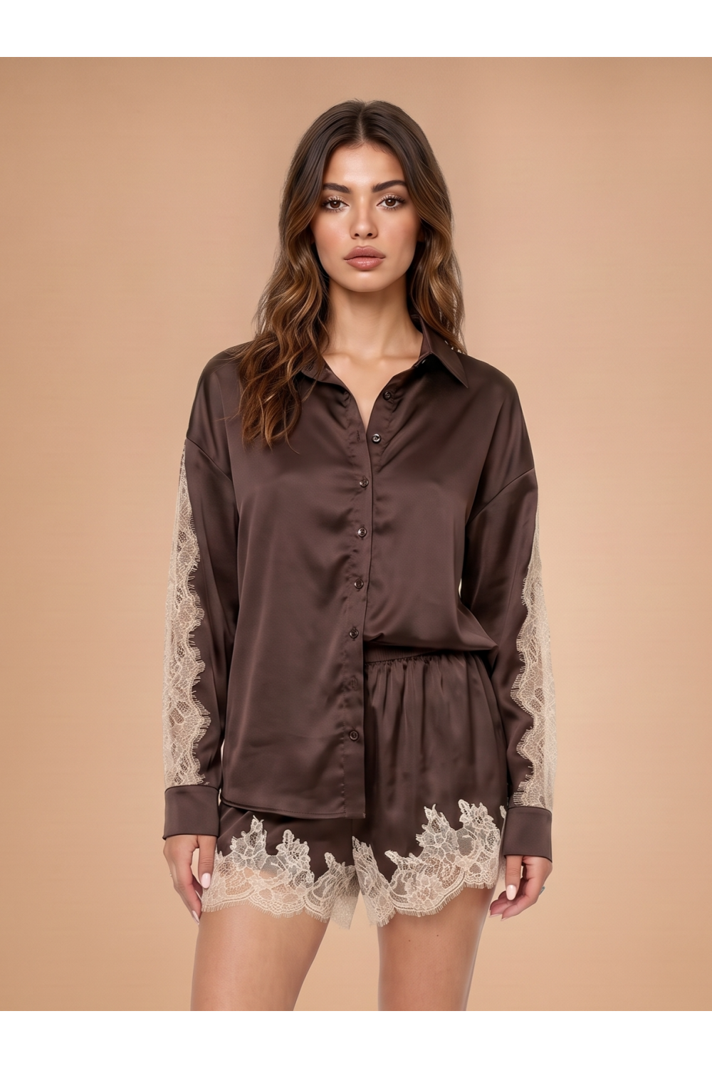 Scallop Edge Lace Trim Button Down Shirt & Shorts Chocolate
