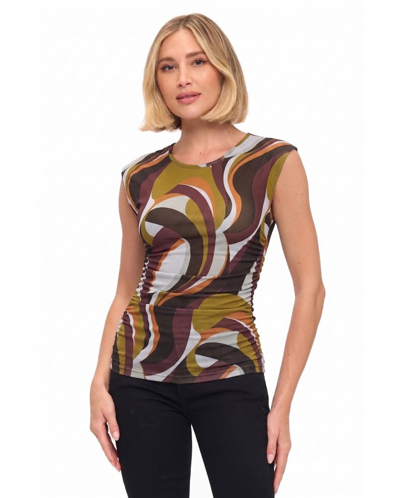 Side Ruched Sleeveless Retro Swirl Mesh Top Olive + Brown