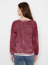 Solid Crew Neck Distressed Wash Sweater Merlot