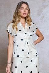Polka Dot Cap Sleeve Satin Button Down Top Oyster