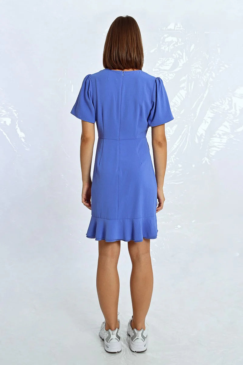 Wrapped Side Ruched Tie Dress Blue