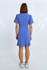 Wrapped Side Ruched Tie Dress Blue