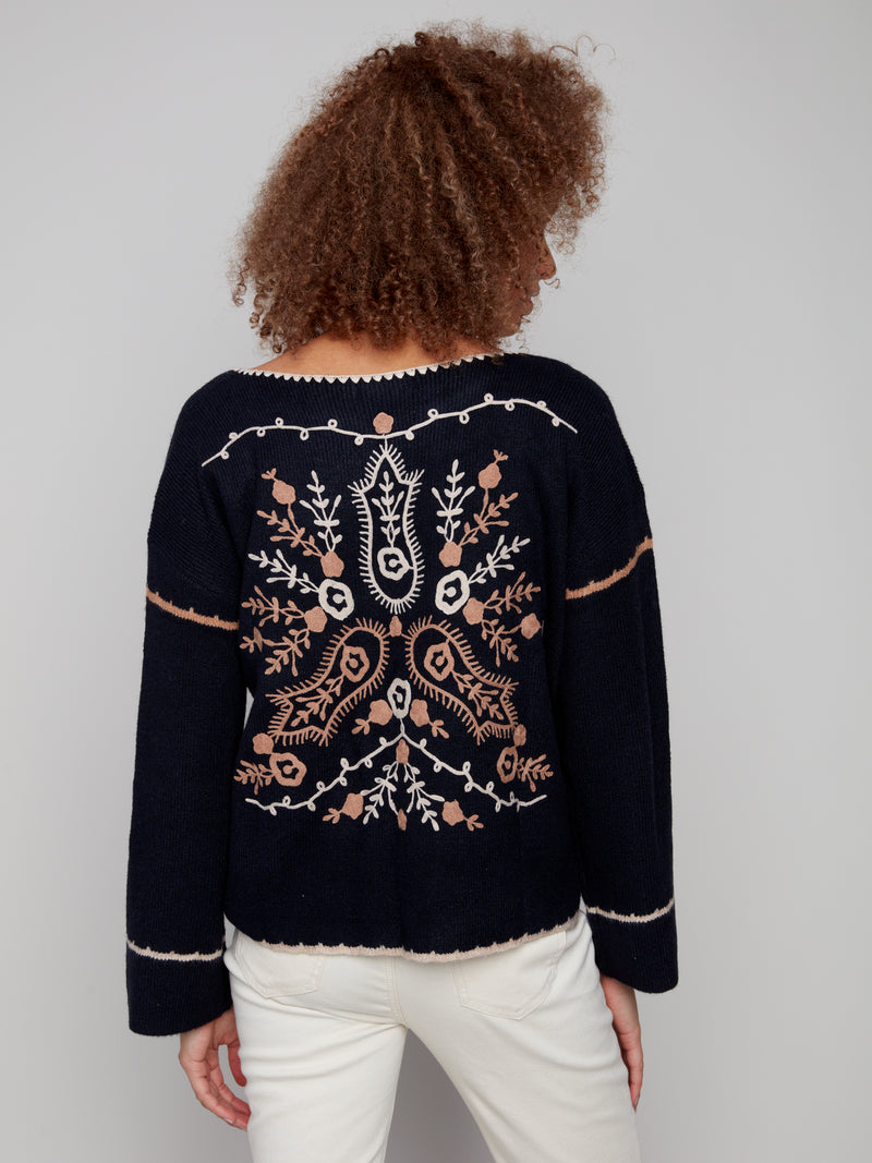 Notched Neck Rib Embroidered Sweater Navy