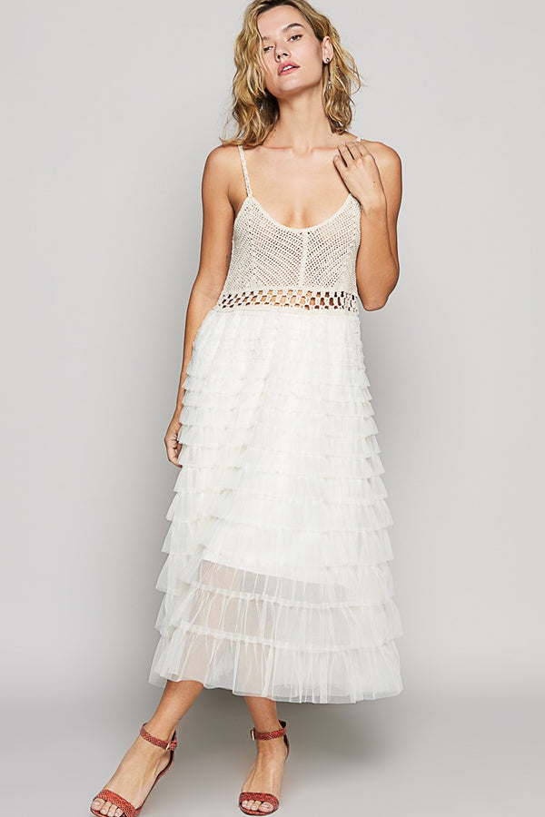Sleeveless Crochet Ruffle Maxi Dress