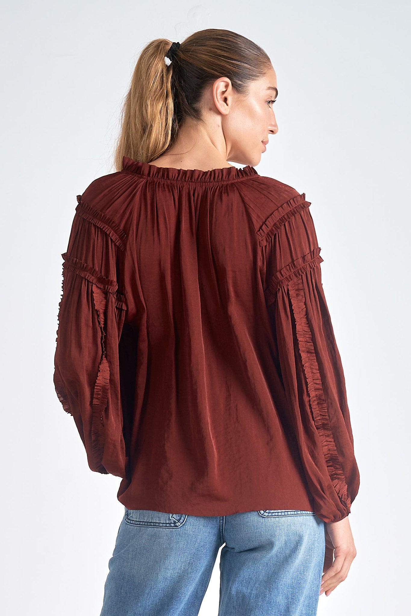 Ruffle Details Tie Neck Satin Blouse Brick