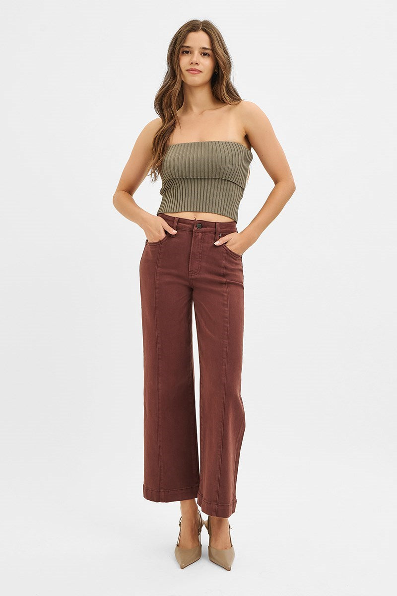 Tummy Control High Rise Crop Wide Pants Choco Brown