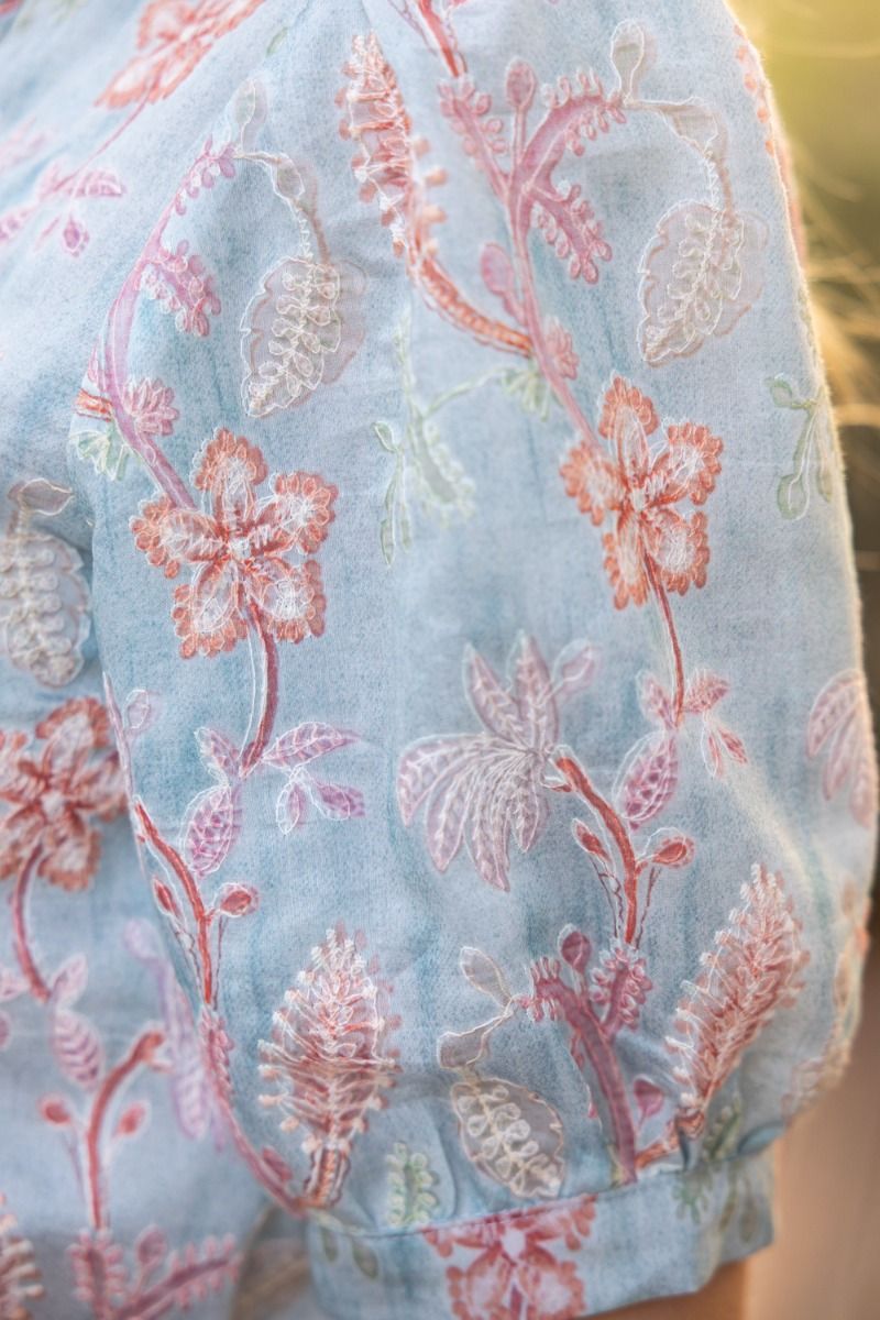 Embroidered Floral Print Detail Button Down Puff Sleeve Top Blue