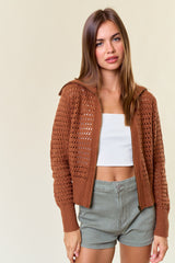 Pointelle Open Knit Zip Up Sweater Caramel