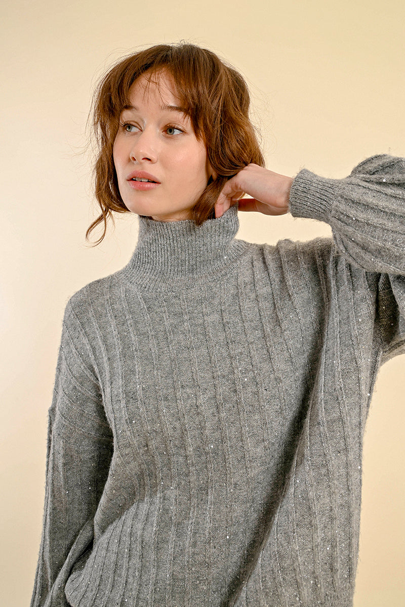 Stripe Texture Glitter Turtleneck Sweater Silver