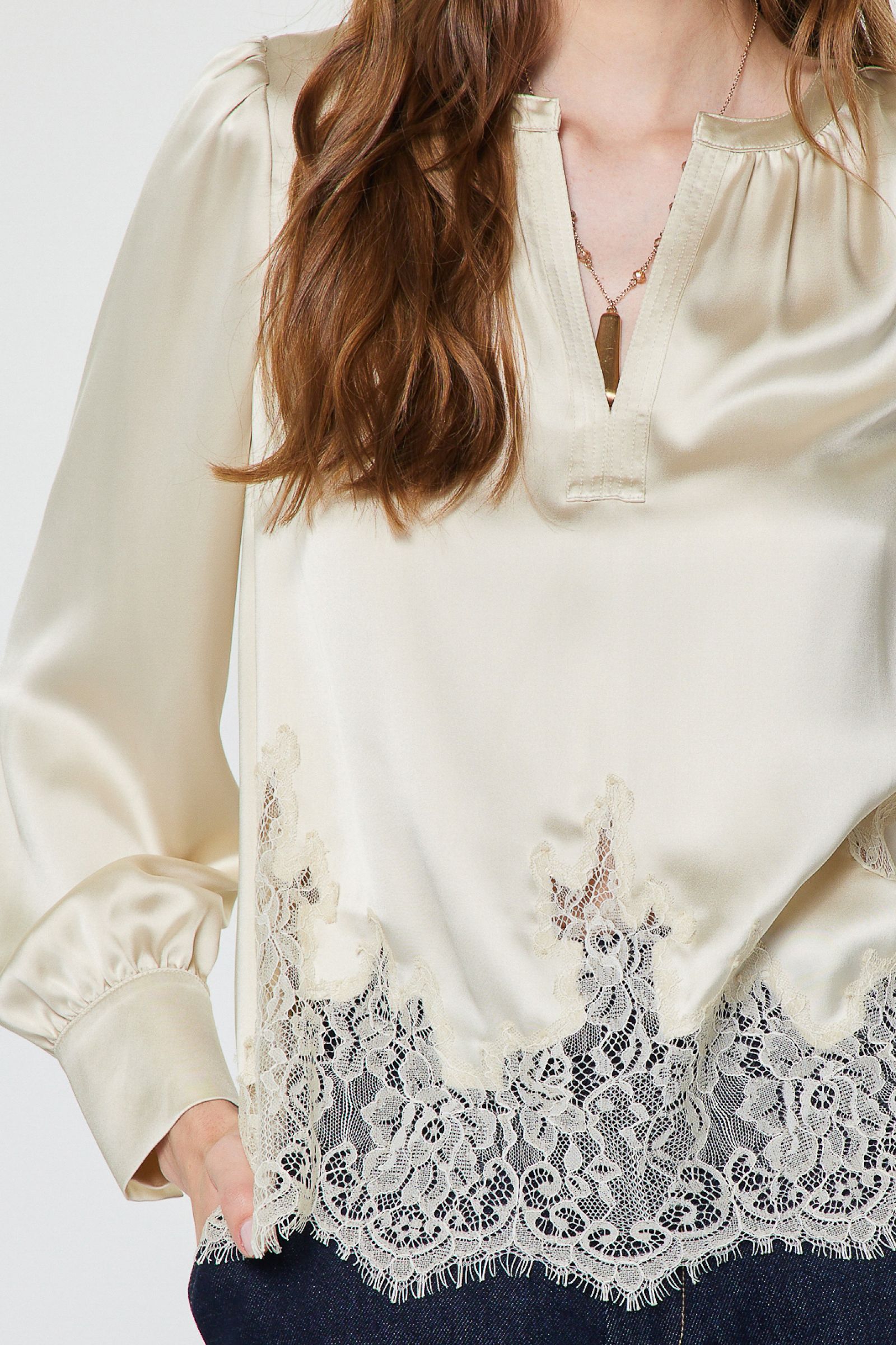 Lace Trim Satin Long Sleeve Blouse Ecru